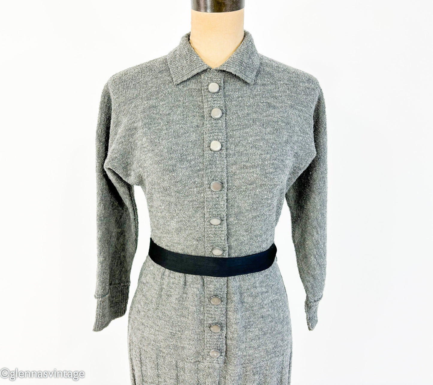 1940s Gray Knit Secretary Dress | 40s Gray Knit Dress | Barbara Carol | Small