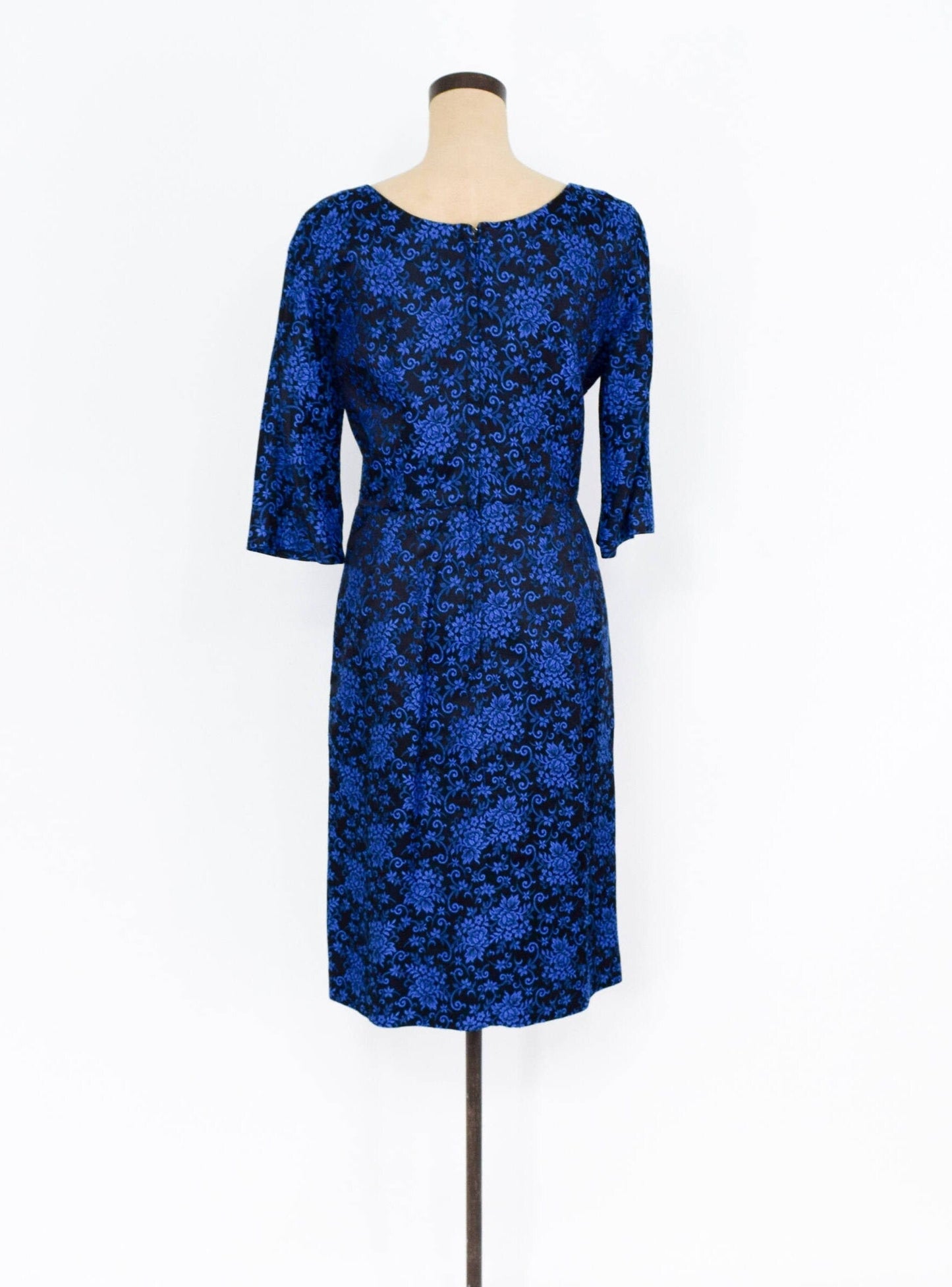 1950s Royal Blue Floral Brocade Party Dress, Medium