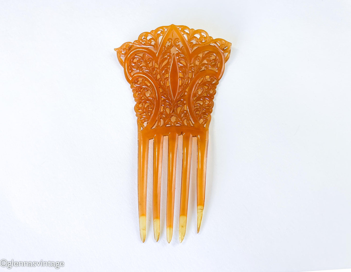 1900s Amber Celluloid Hair Comb | Art Nouveau Mantilla Comb