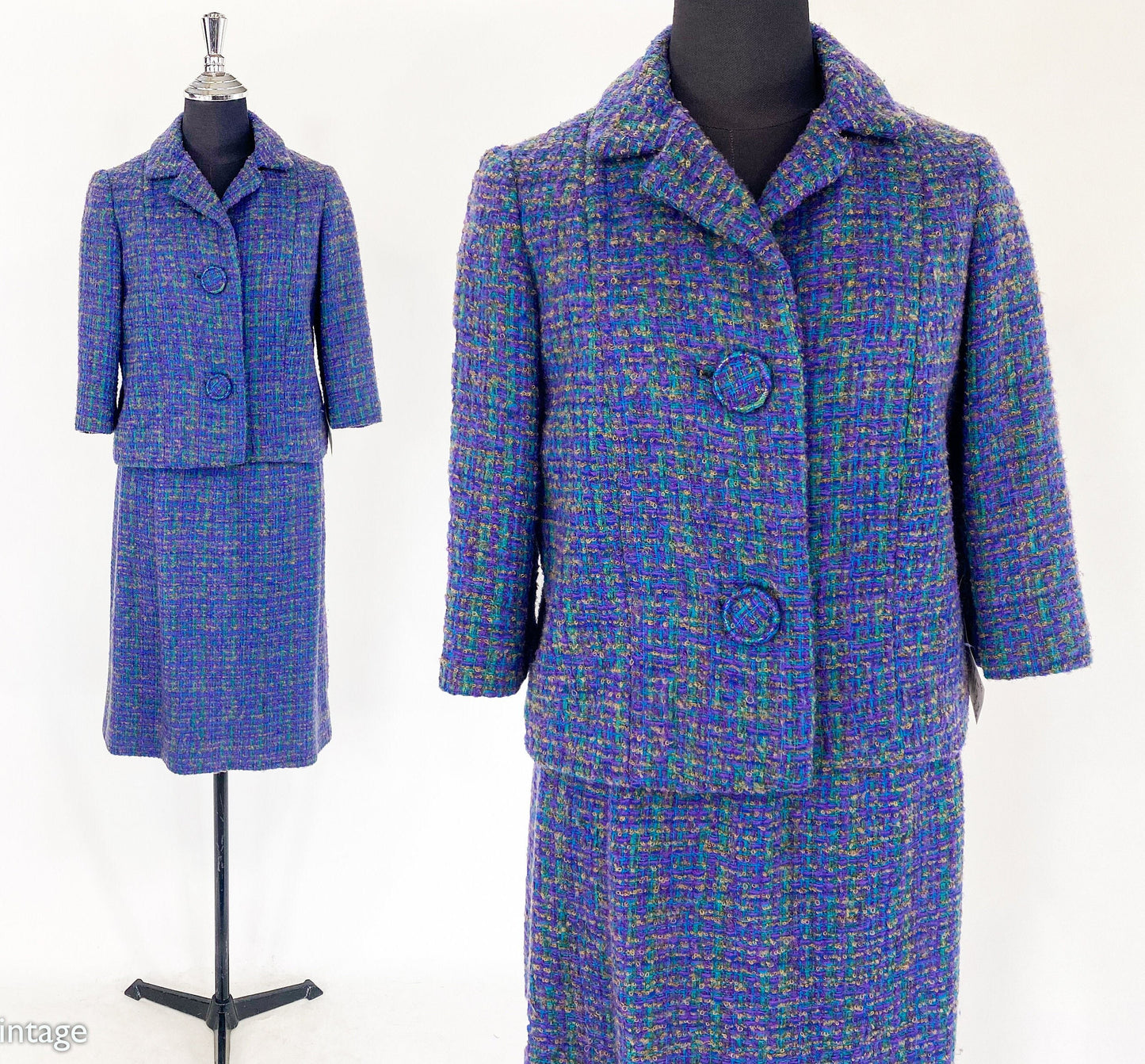1960s Blue Plaid Wool Suit | 60s Purple Plaid Wool Tweed Suit | Jackie O | Medium