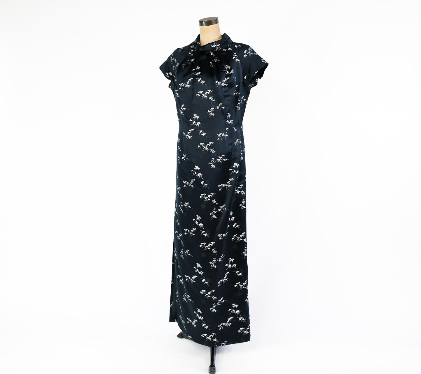 1950s Black & Silver Silk Evening Dress, Long Cheongsam Style Evening Dress, Large