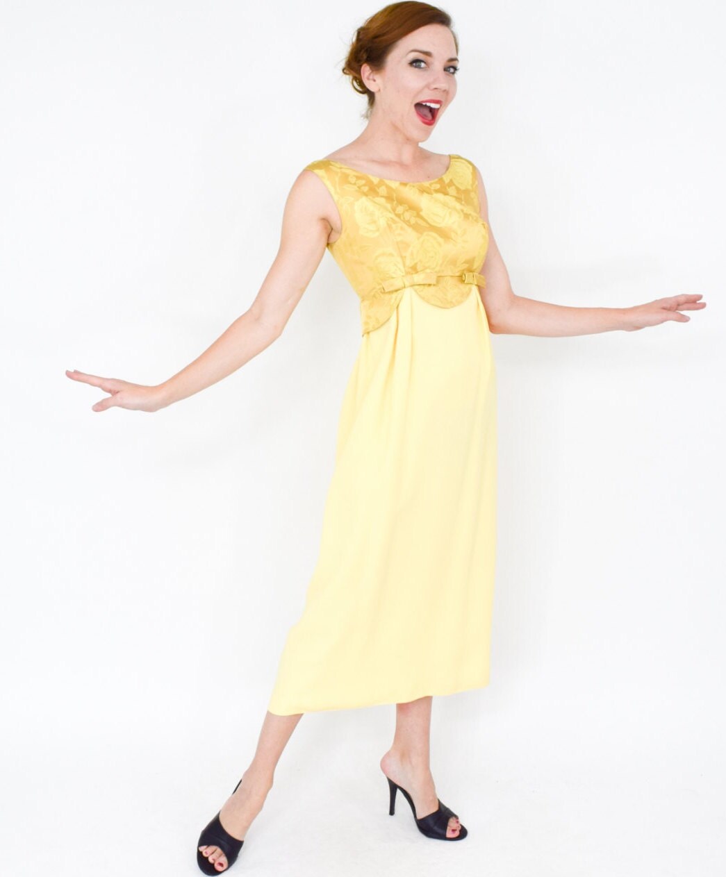 1950s Lemon Yellow Crepe Evening Dress, Small