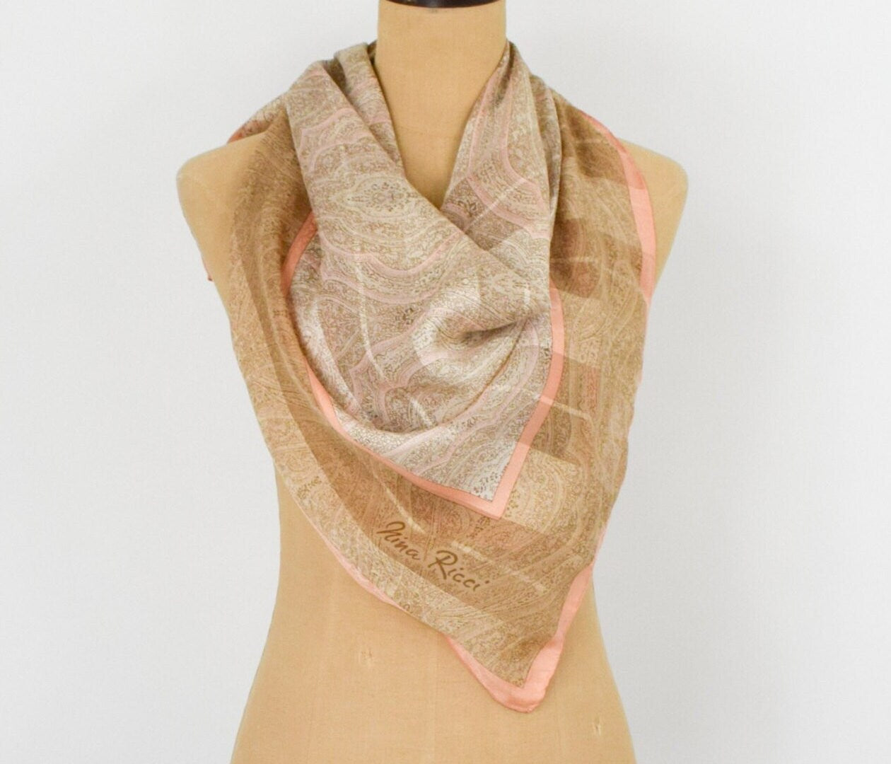 1980s Nina Ricci Beige & Pastel Striped Silk Scarf Headscarf