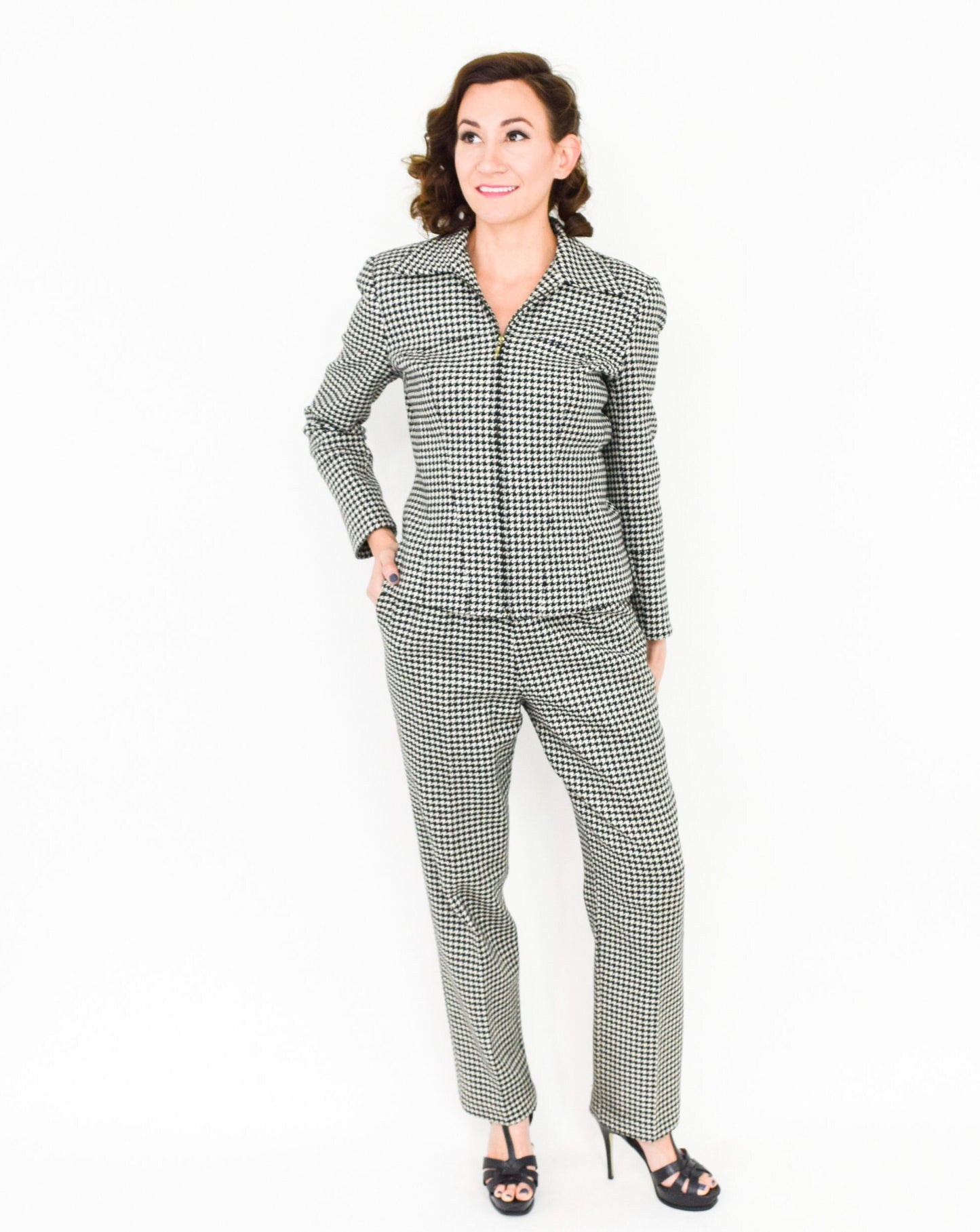 1970s Lilli Ann Grey Houndstooth Wool Pantsuit, Jacket & Pants Set, Medium