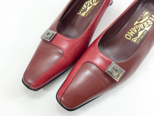 Vintage Ferragamo Leather Pumps | 1980s Red Low Heel Shoes, US 8N