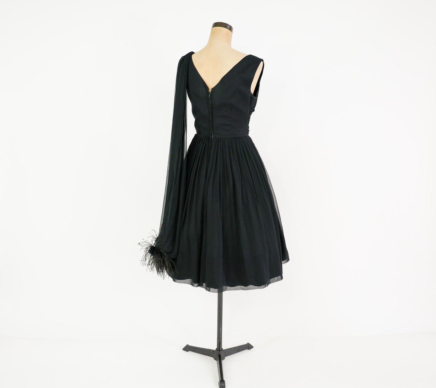 1950s Feather Sash Black Silk Cocktail Gown, Small
