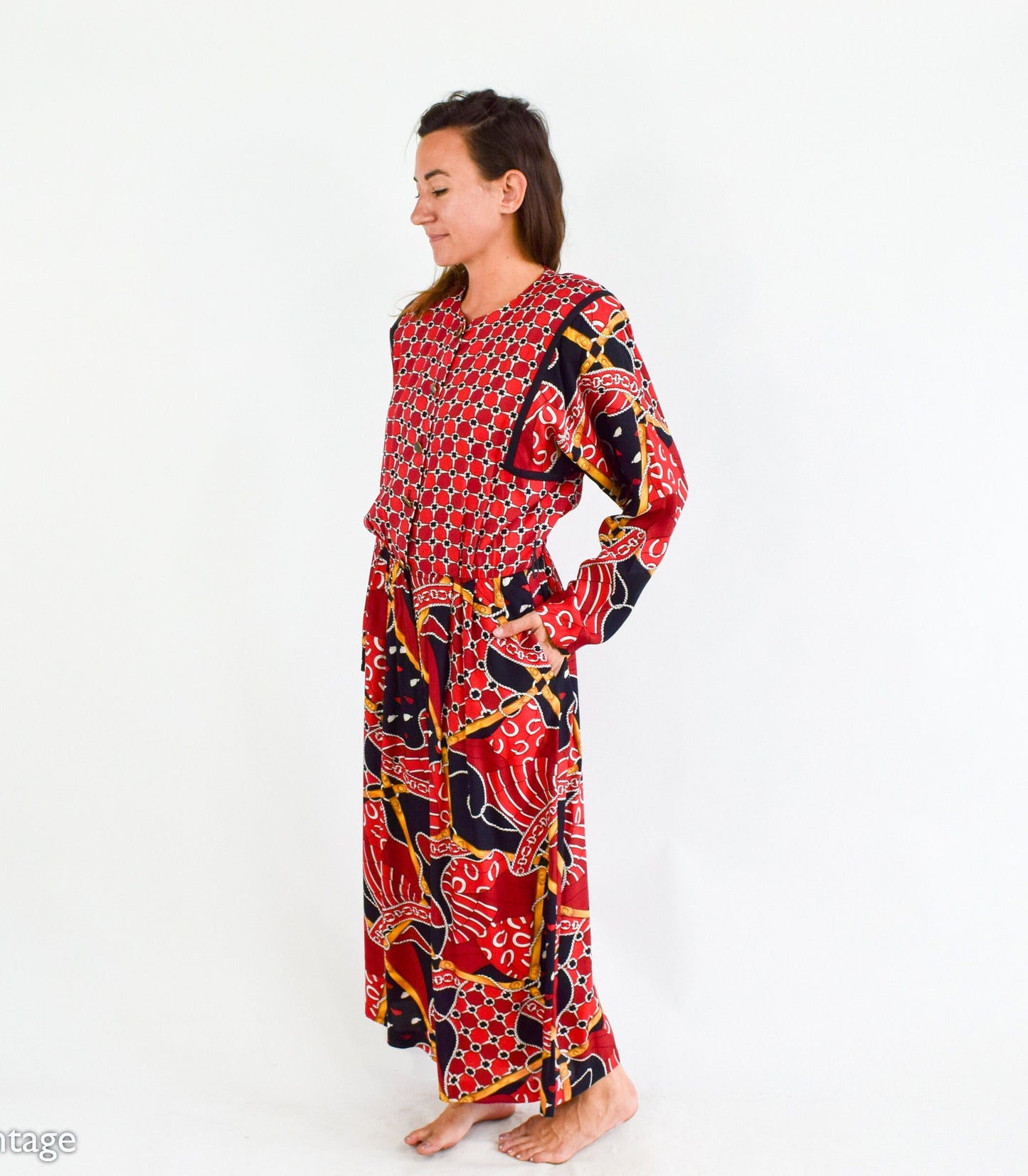 1980s Red Print Wide Leg Jumpsuit, Large