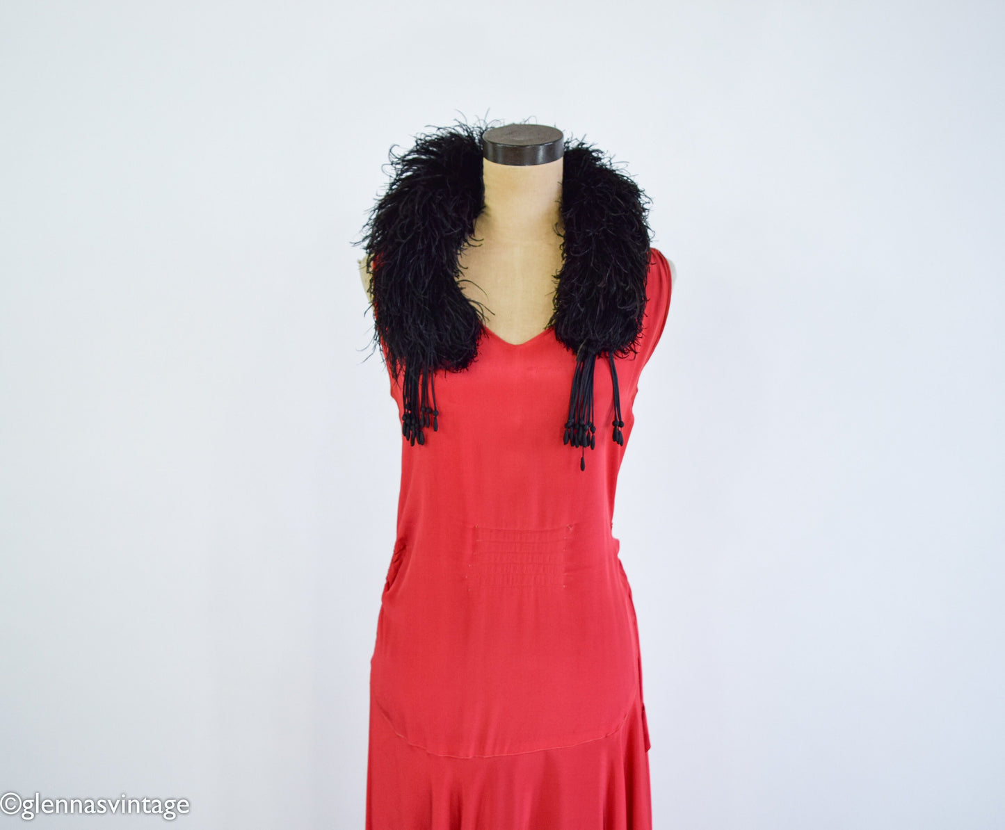 1900s Black Ostrich Feather Stole Boa with Beaded Tassels, Edwardian Era Scarf