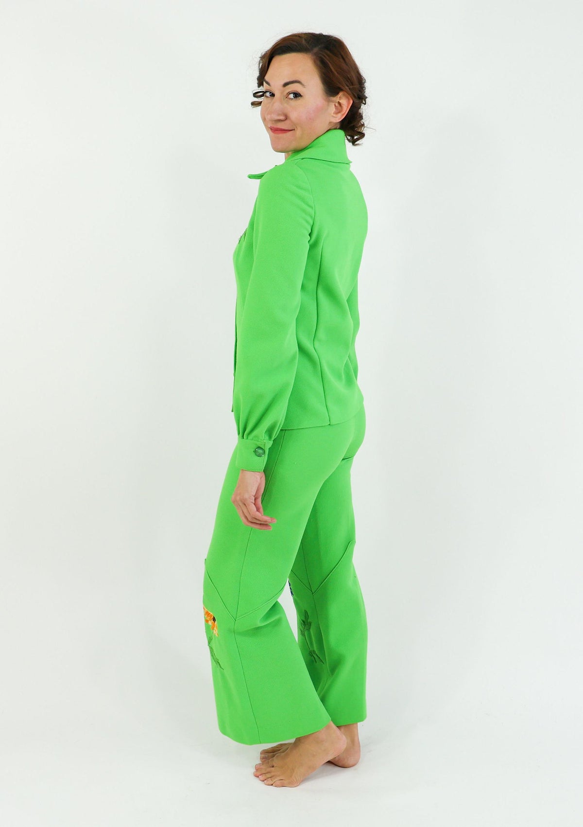 1970s Bright Green Polyester Pantsuit, Top & Pants Set, Small