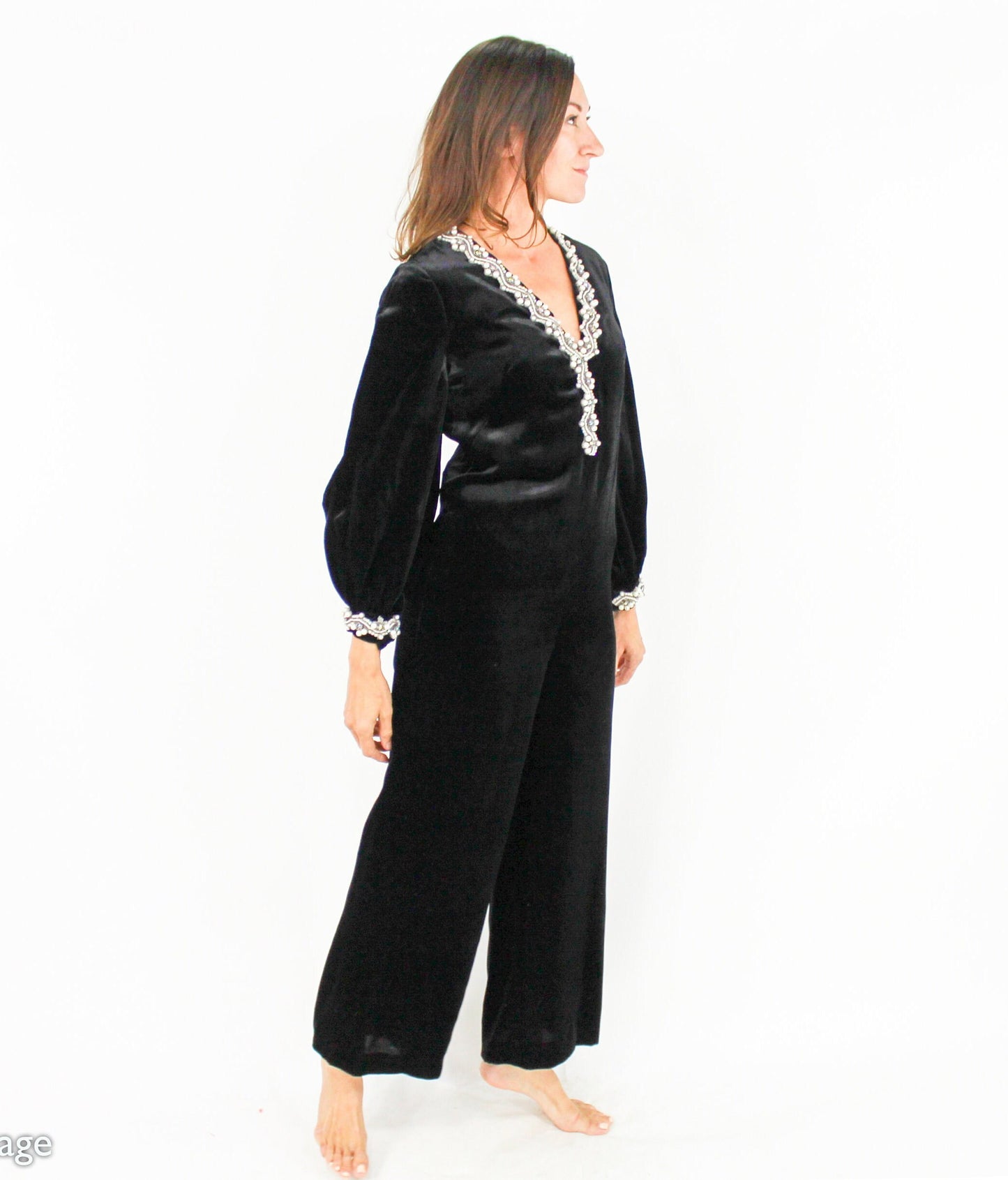 1970s Vintage Black Velvet Jumpsuit with Beaded Trim, Small