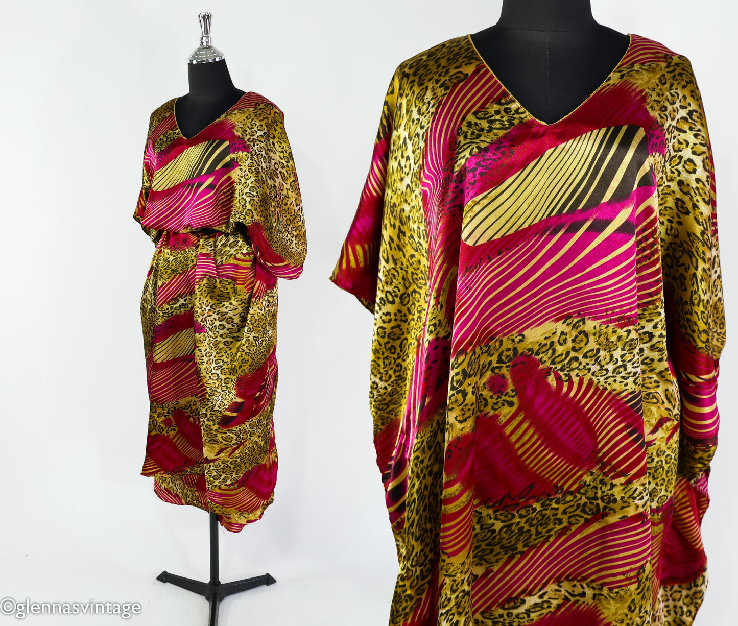 1990s Animal Print Caftan, Burgundy Pink Gold, Plus Size Silk Blend