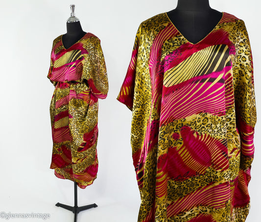 1990s Animal Print Caftan, Burgundy Pink Gold, Plus Size Silk Blend