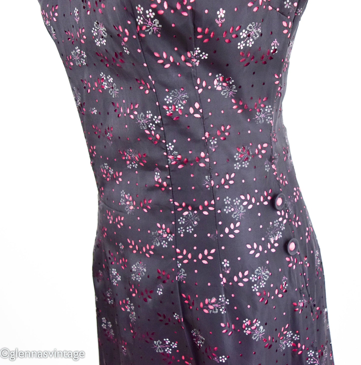 1950s Black & Pink Floral Cheongsam Dress in Eyelet Taffeta, Medium