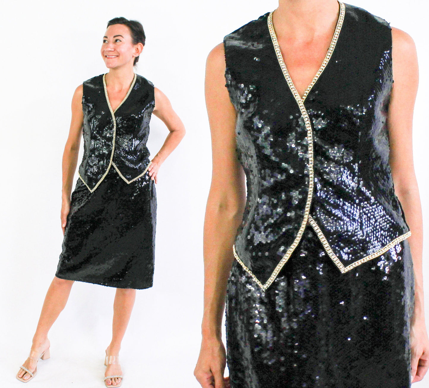 1990s Black Sequin Vest & Skirt Set | 90s Black Sequin Skirt Set | Lillie Rubin | Medium