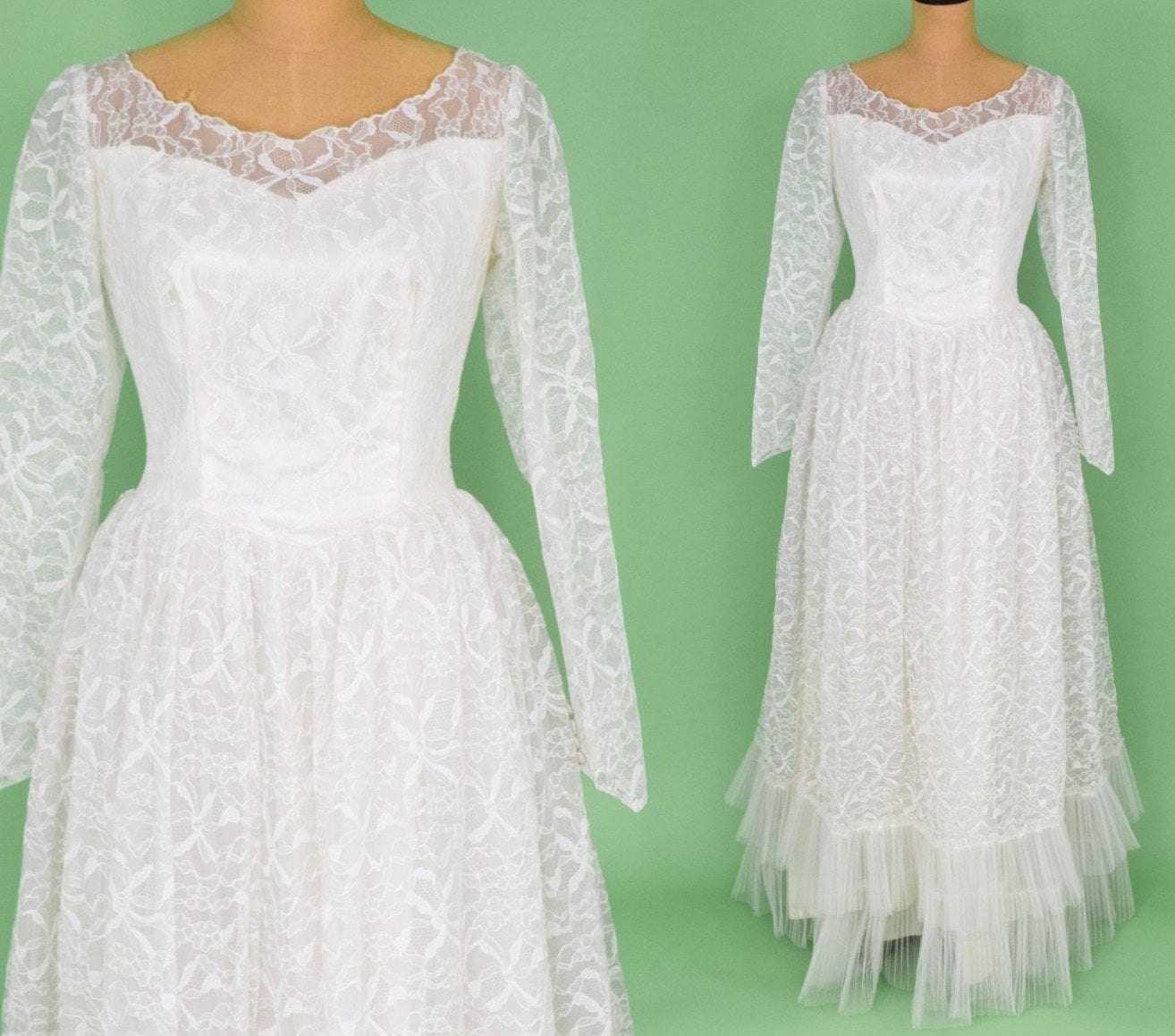 1950s White Lace Wedding Gown, New Look Style, Medium