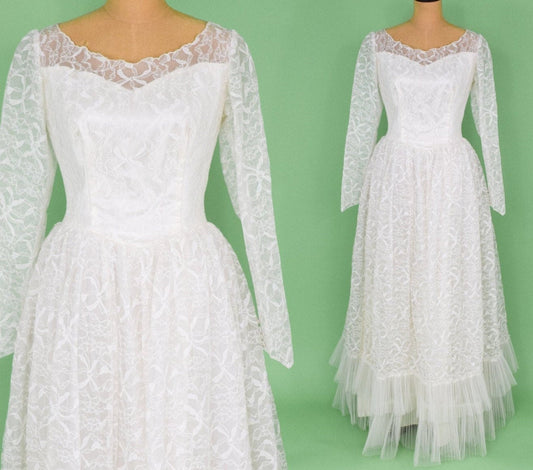 1950s White Lace Wedding Gown, New Look Style, Medium