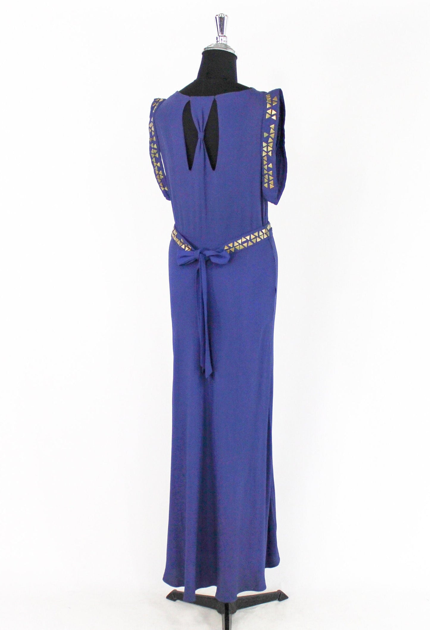 1930s Violet Purple Crepe Evening Dress, Grecian Style Brass Studded Gown, Medium