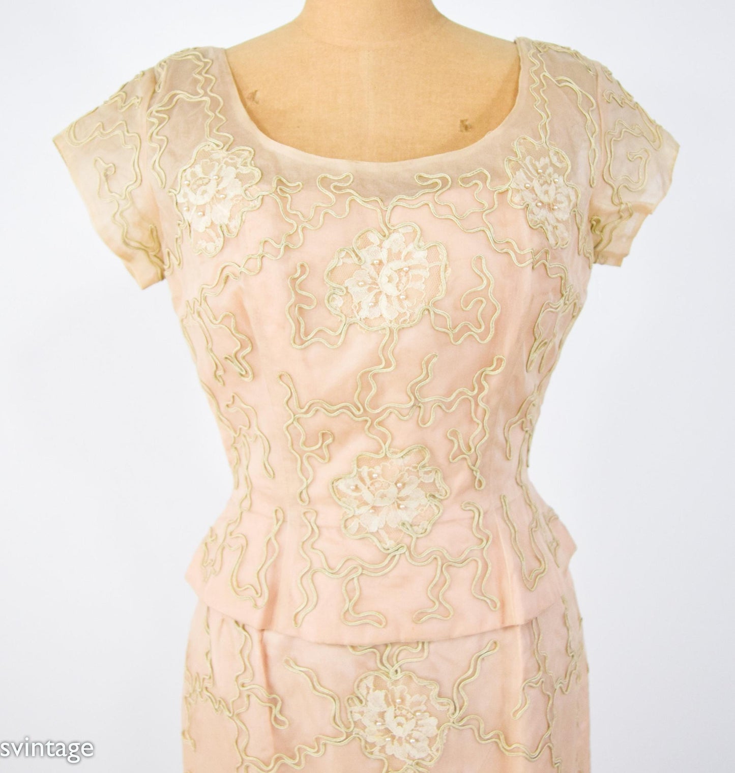 1950s Beige Lace Cocktail Dress,  Medium