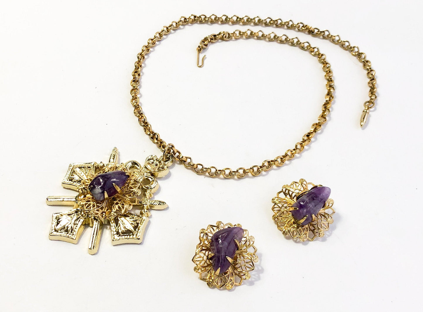 Coro | 1960s Gold & Purple Necklace Earrings Set | 60s Purple Agate Necklace Set | Coro