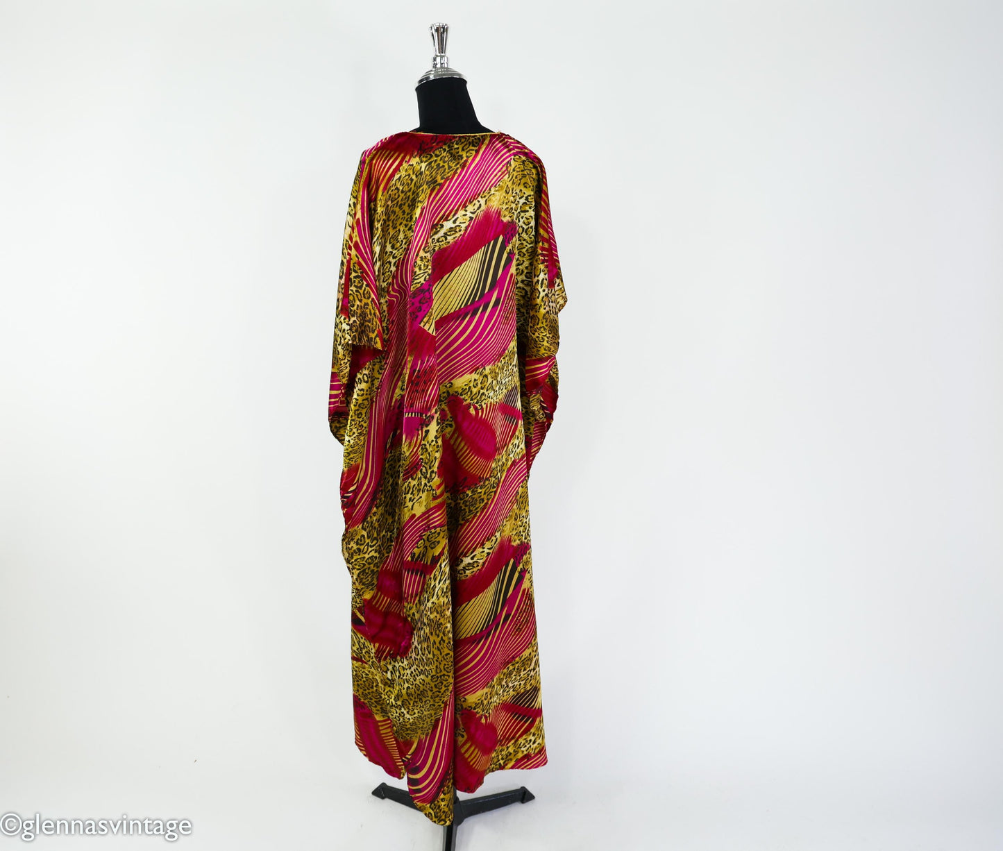 1990s Animal Print Caftan, Burgundy Pink Gold, Plus Size Silk Blend