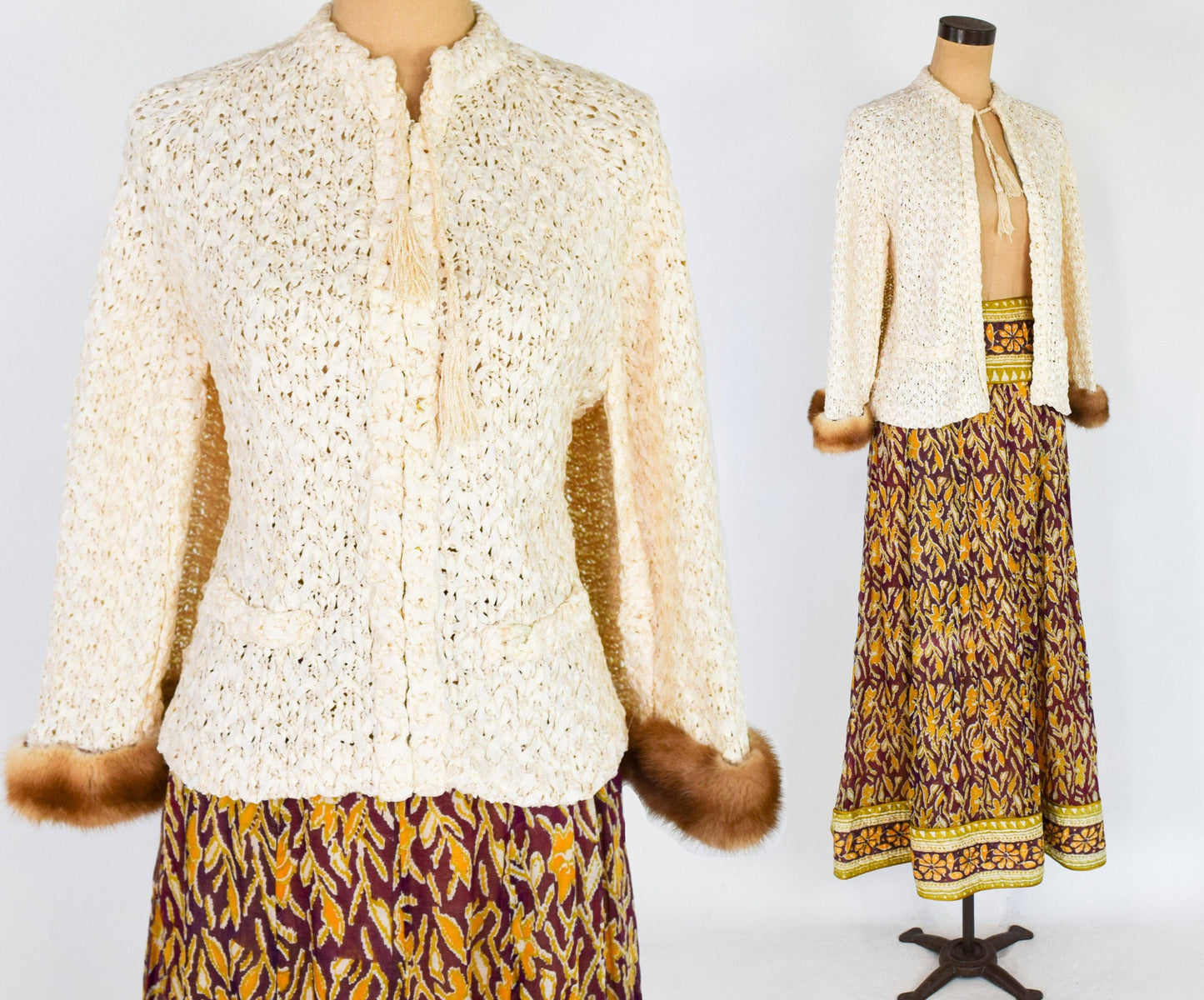 1940s Creme Crochet Ribbon Mink Trimmed Capelet |  40s Creme Silk Mink Trimmed Ribbon Cape  | One Size
