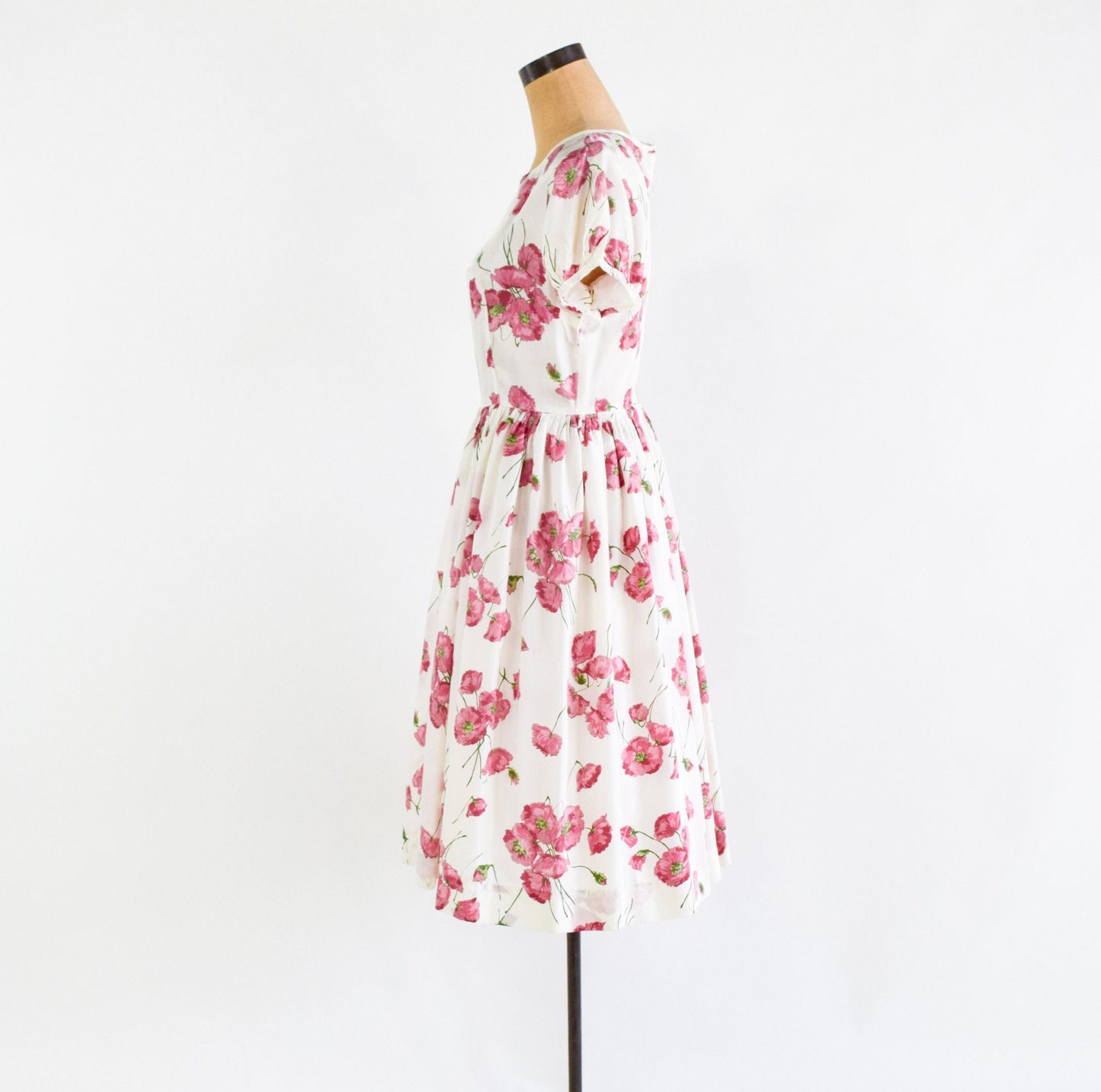 1950s Pink Floral Print Day Dress, Medium