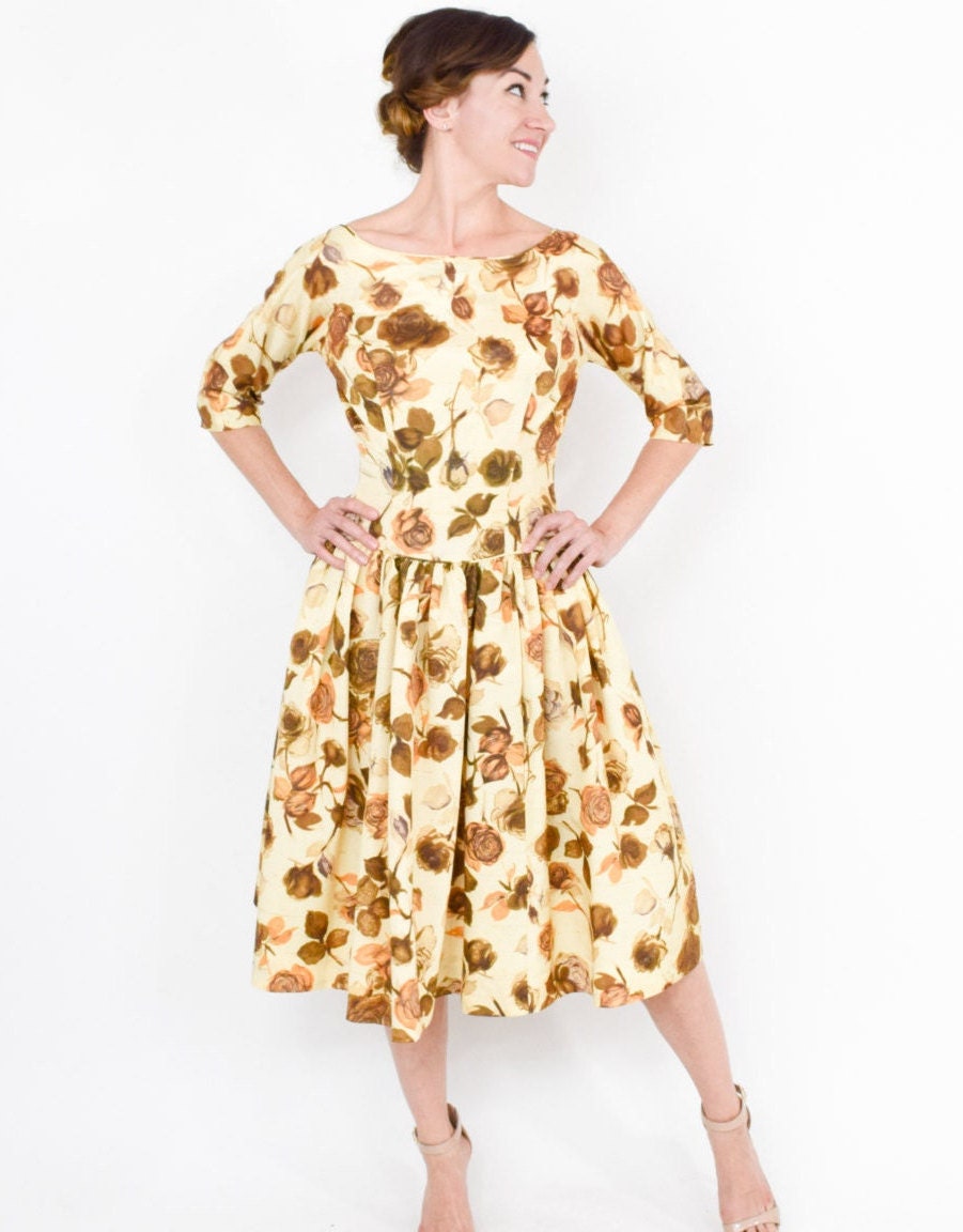 1950s Yellow Rose Floral Print Party Dress, Small