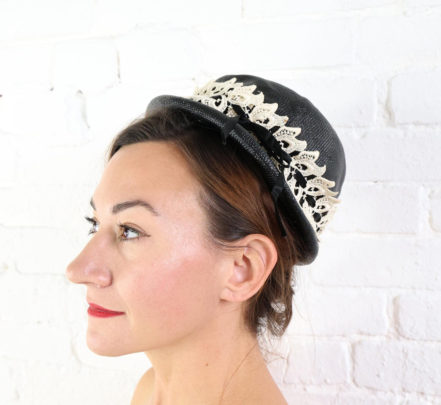 1950s Black & White Lace Straw Hat