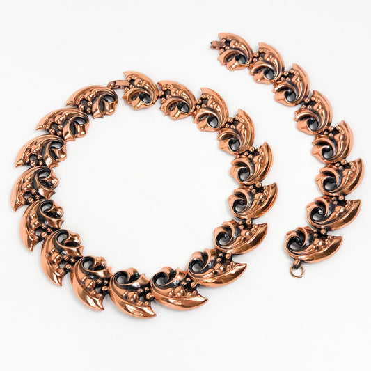 1950s Copper Leaf Necklace Set | 50s Copper Choker & Bracelet
