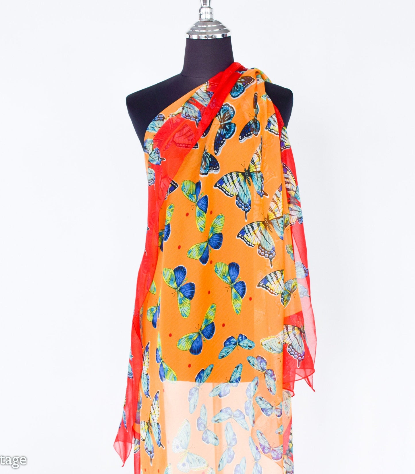 1980s Butterfly Chiffon Scarf | 80s Orange & Red Sheer Butterfly Scarf | Butterfly Museum