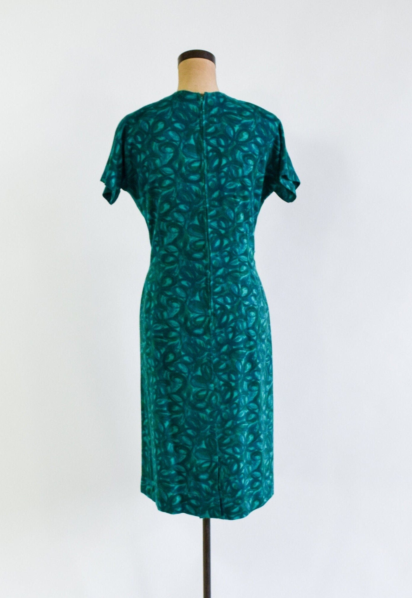 1960s Turquoise Green Floral Wool Knit Dress, Medium