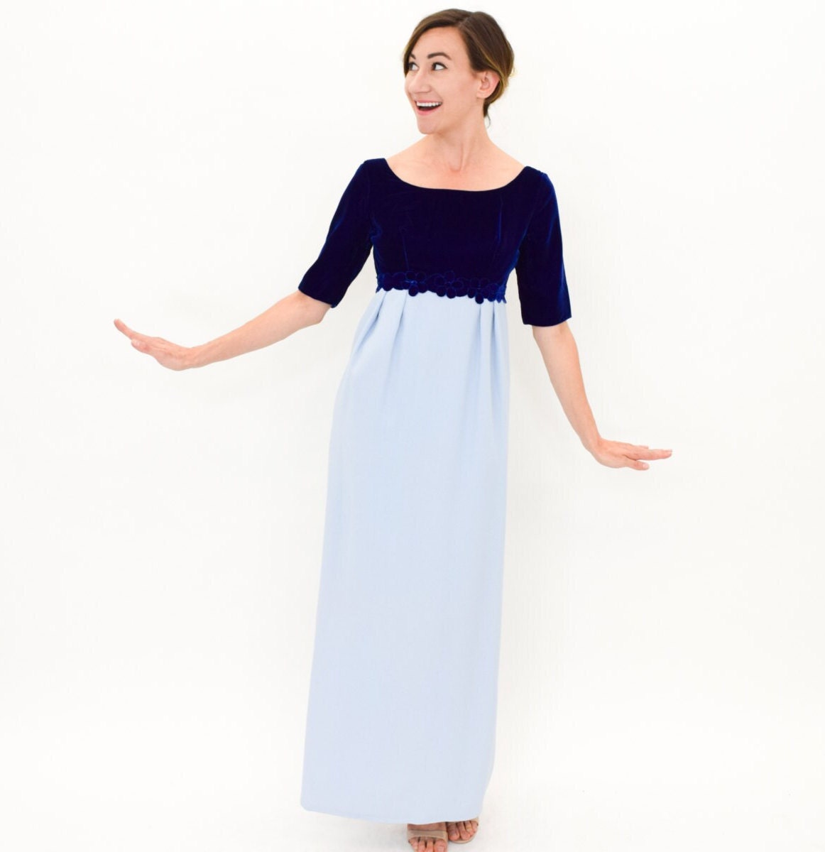 1960s Blue Evening Dress | 60s Blue Velvet & Crepe Formal Dress | Bridesmaid | Small