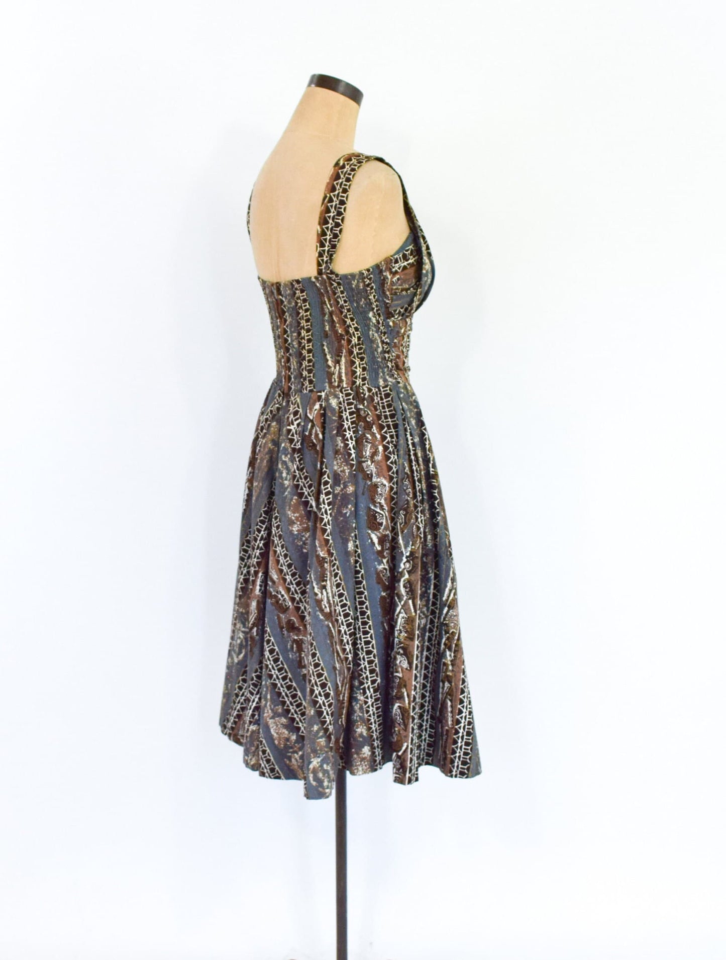 1950s Brown & Grey Hawaiian Tiki Dress, Extra Small