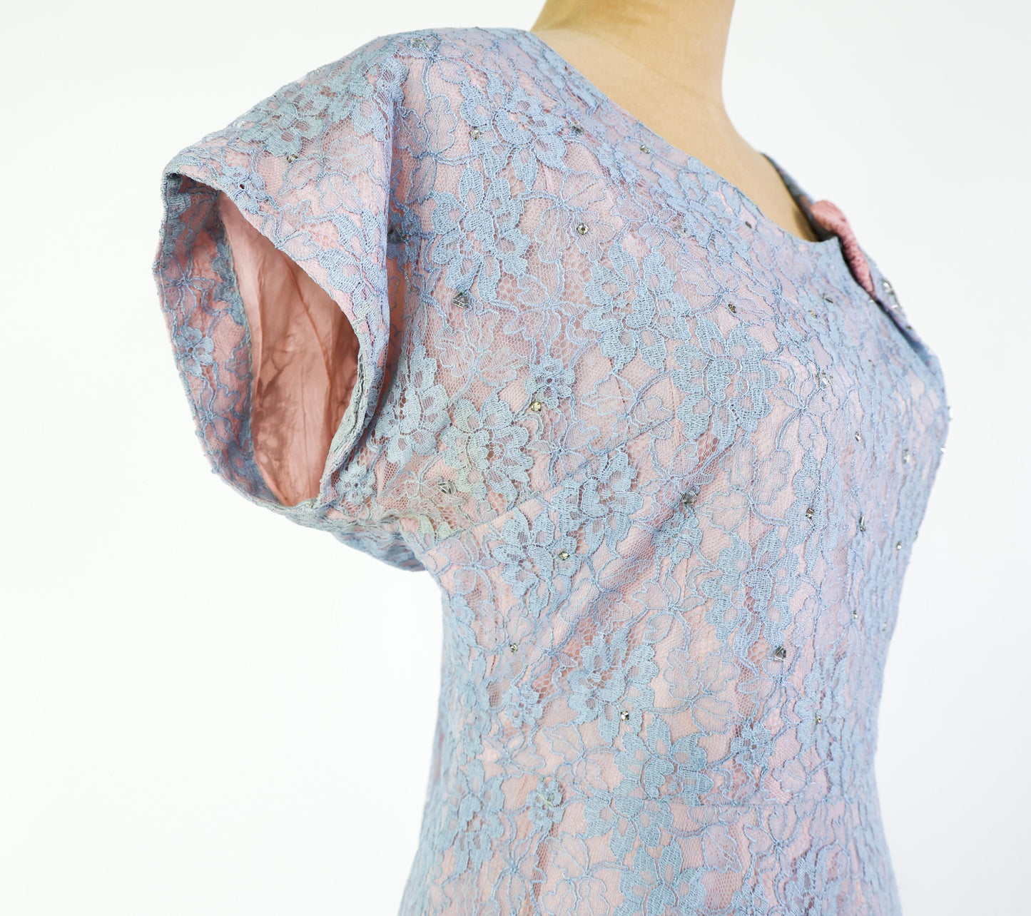 1940s Lavender & Blue Lace Cocktail Dress, 34" Waist
