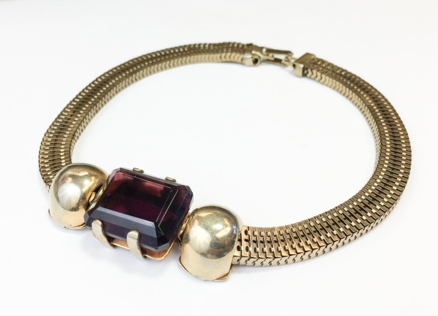 1940s Amethyst Coil Necklace | 40s Gold Box Style Coil Choker | Purple Coil Choker