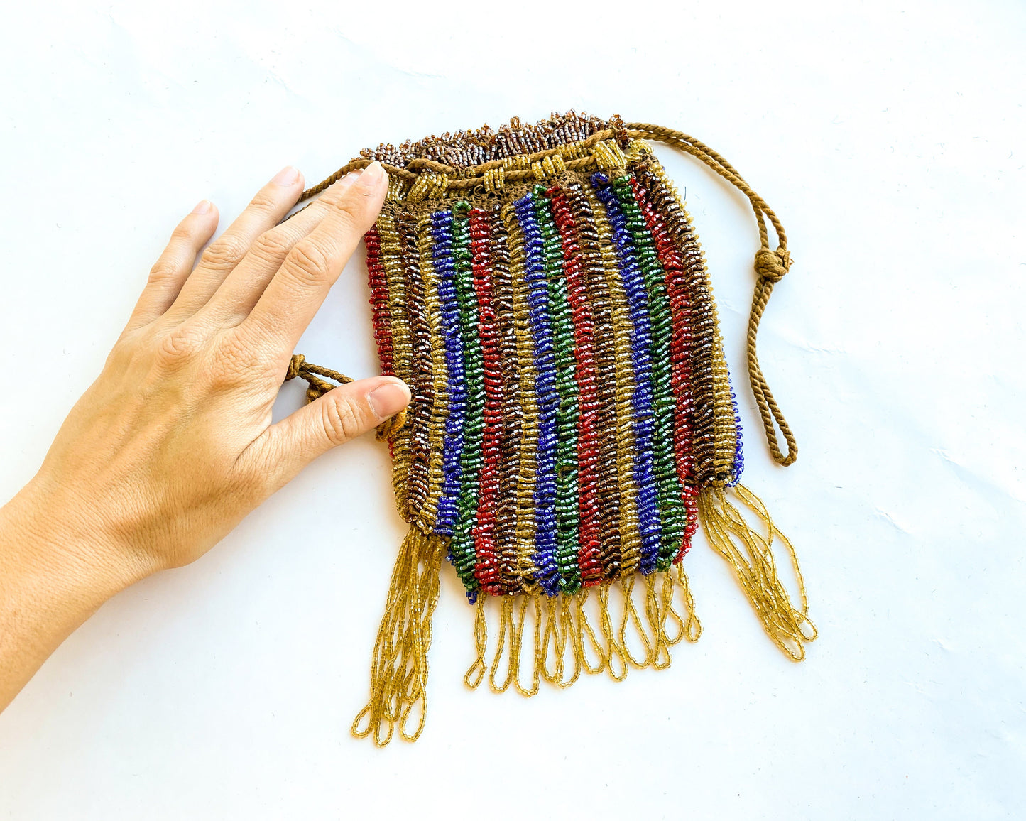1900s Gold Striped Beaded Handbag | Red & Gold Beaded Stripe Pouch Bag | Downtown Abby