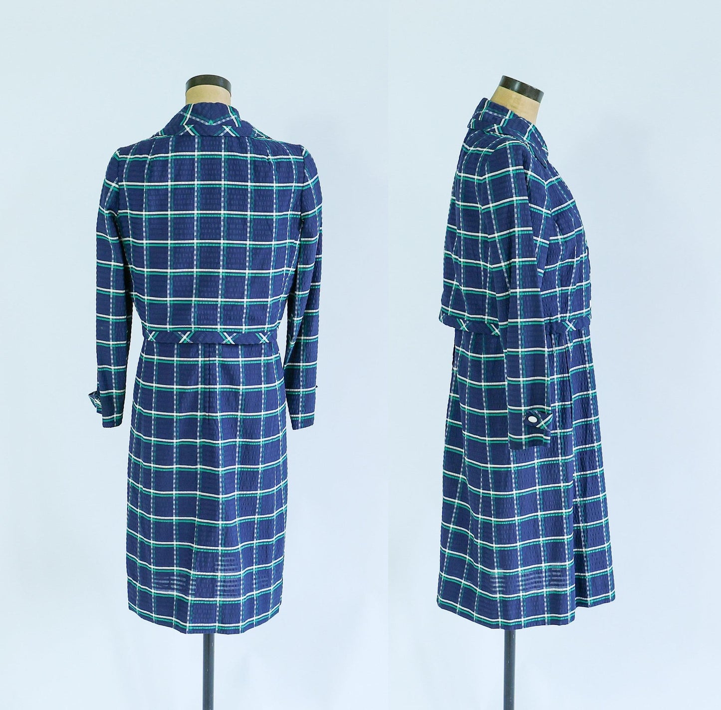 1960s Blue Plaid Dress & Jacket | Navy Seersucker Set, Large