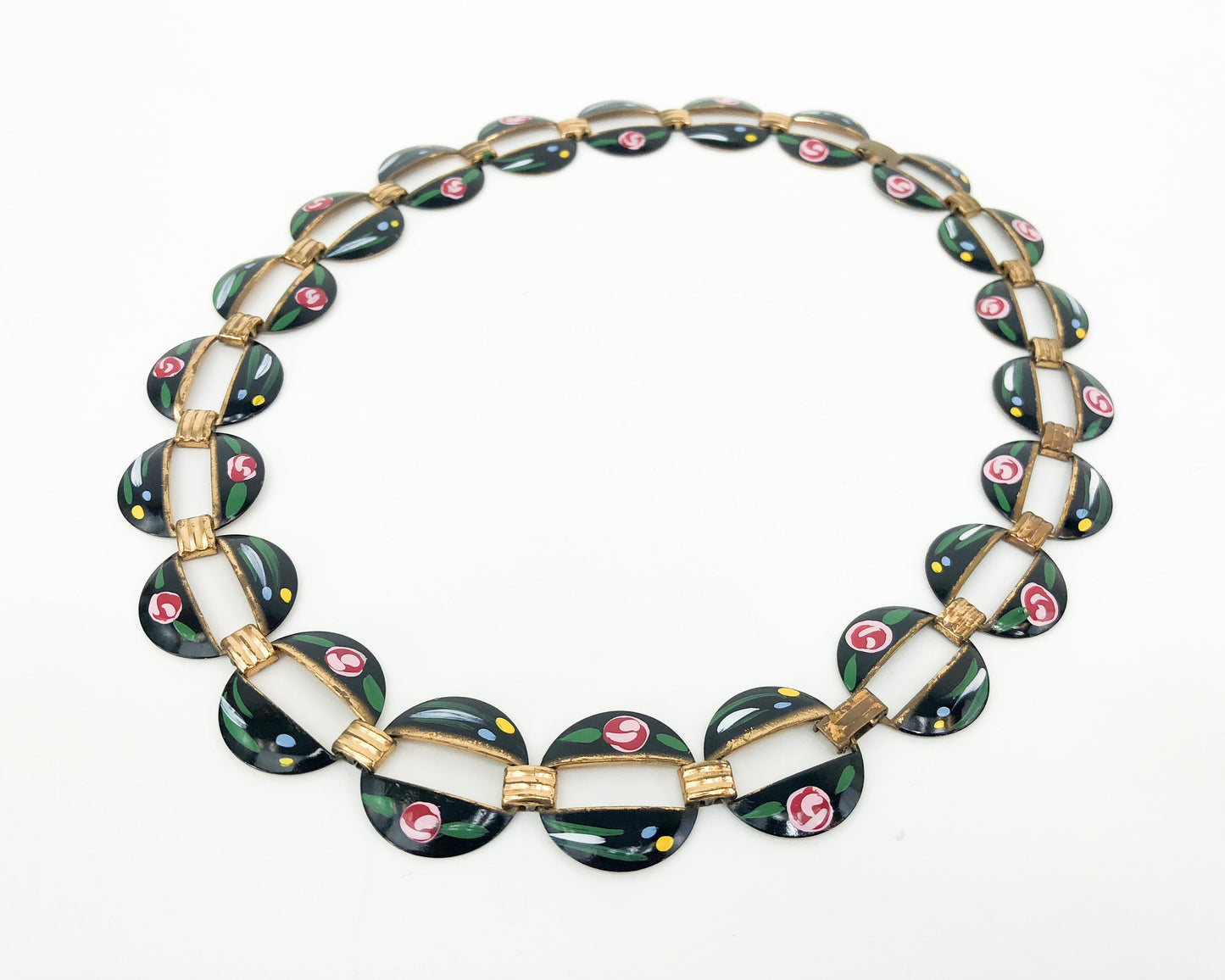 1950s Vintage Copper Enamel Necklace | Floral Painted Copper Choker