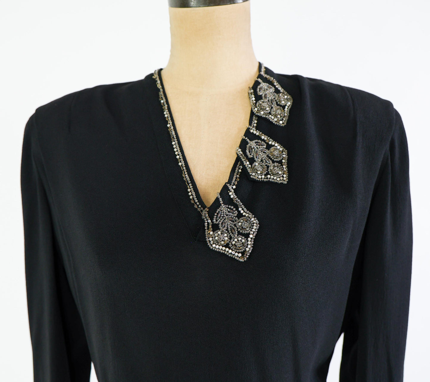 1940s Black Dress with Beaded Neckline, Extra Large, 36" Waist