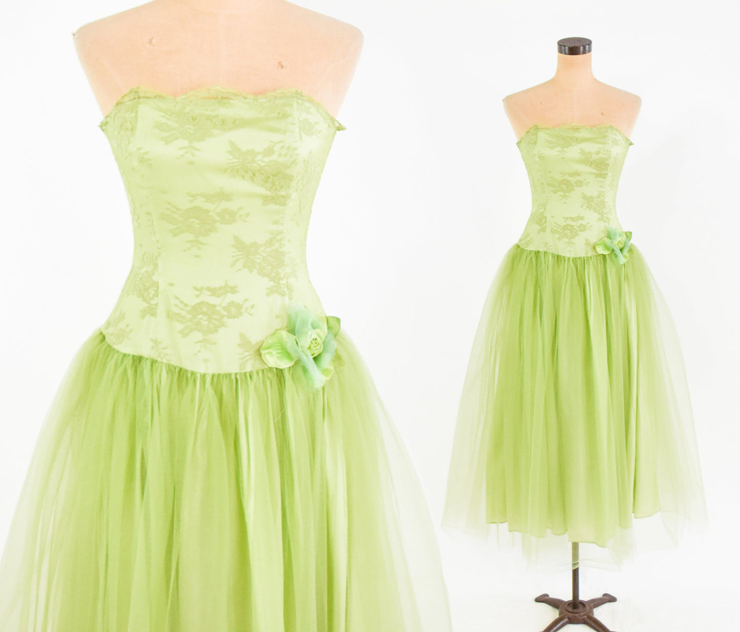 1990s Lime Green Party Dress | 90s Green Lace & Tulle Prom Dress | Green Strapless Evening Dress | Jessica McClintock | Small