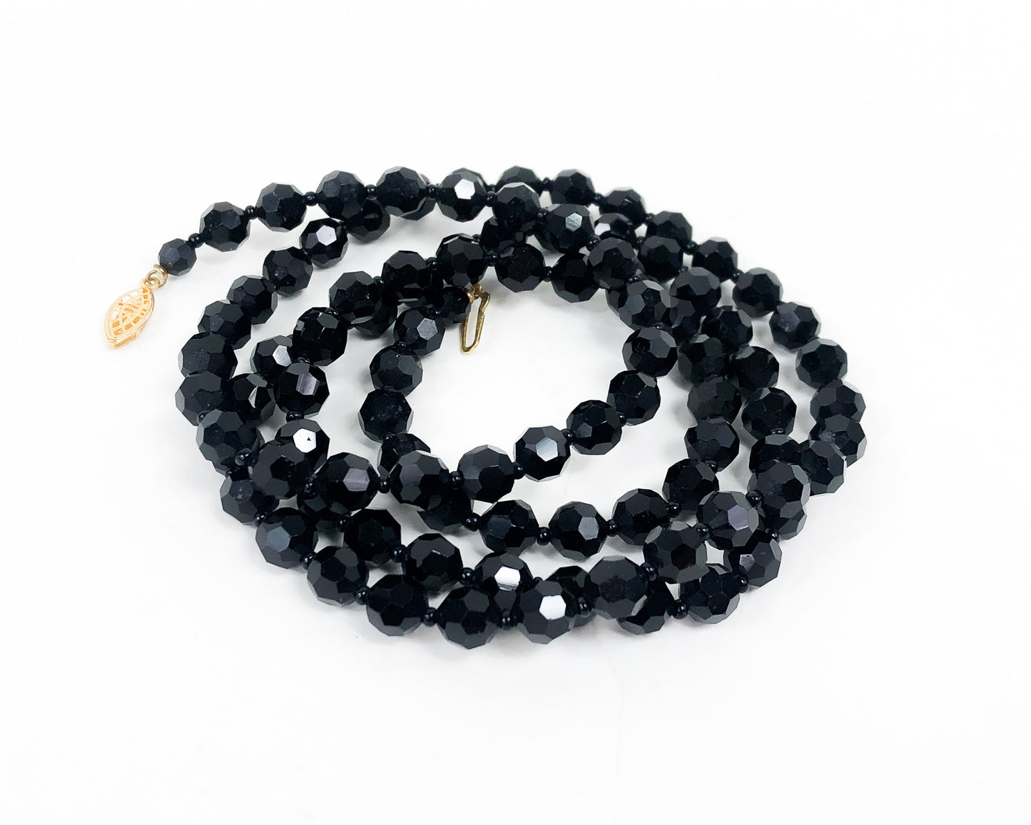 1950s Black Glass Necklace | 50s Black Faceted Glass Necklace | Black Glass Rope
