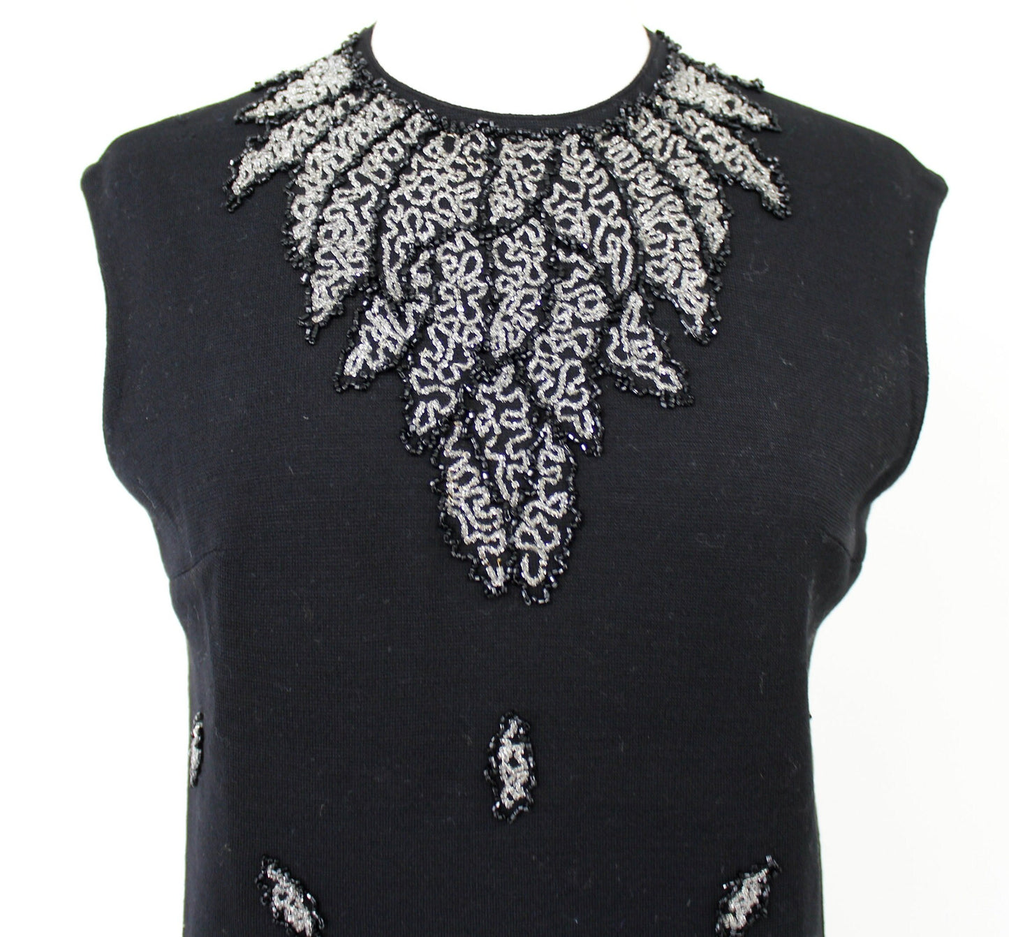 1960s Black Sleeveless Sweater | 60s Black Wool Beaded Top | Medium