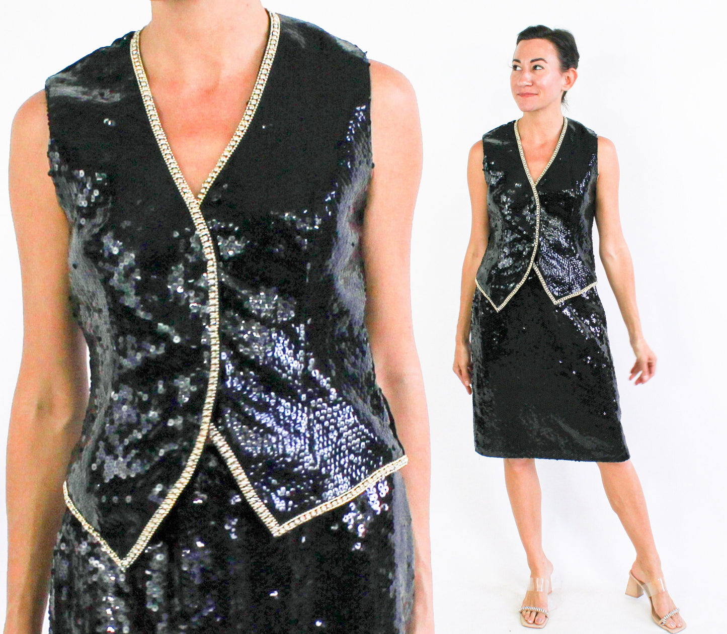 1990s Black Sequin Vest & Skirt Set | 90s Black Sequin Skirt Set | Lillie Rubin | Medium