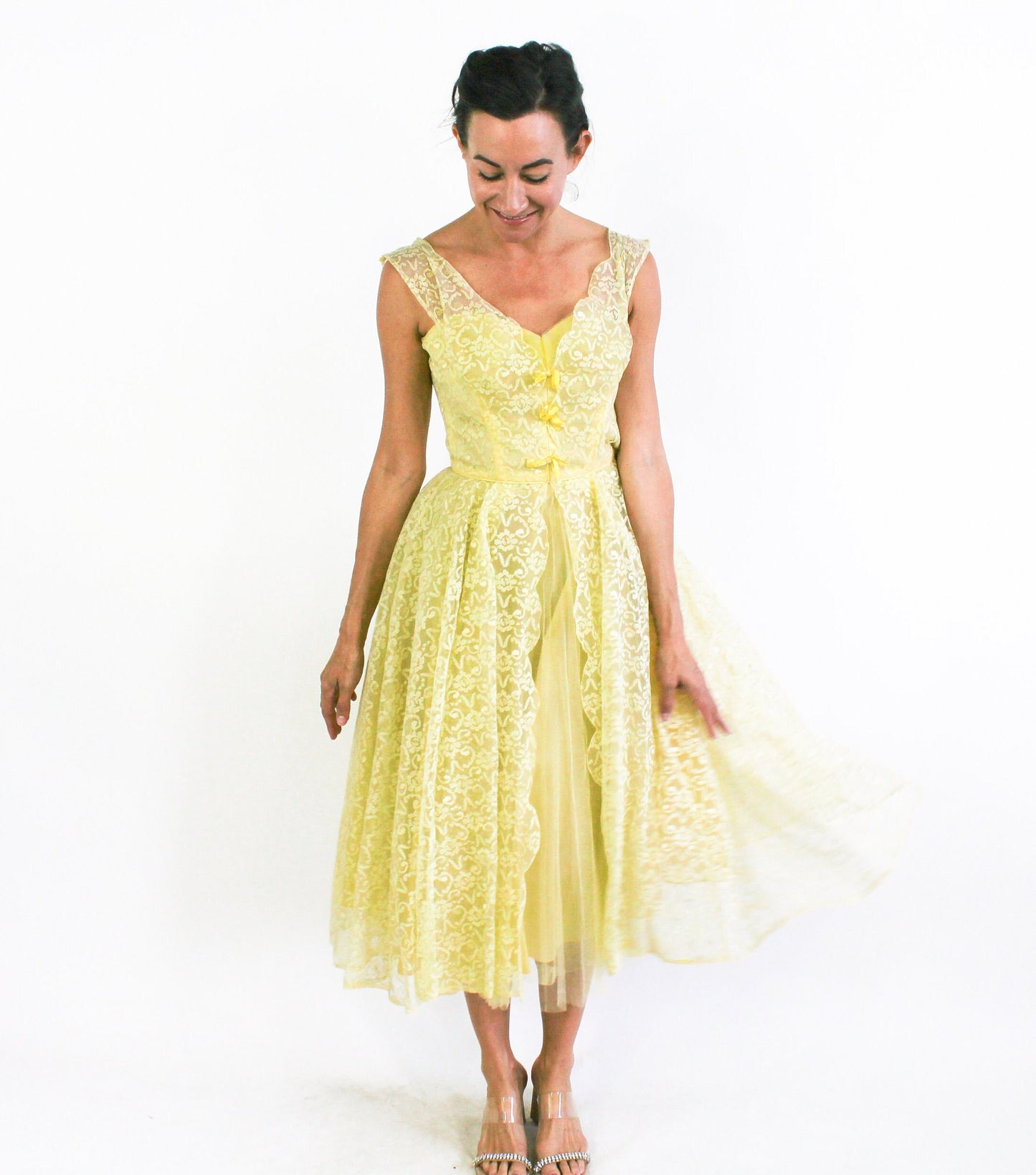 1940s Yellow Lace & Tulle Evening Dress, Extra Small