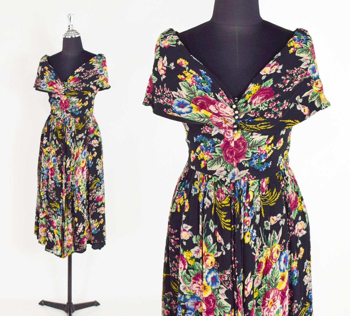 1940s Black Floral Party Dress | 40s Black Flowered Rayon Print Dress | X Small