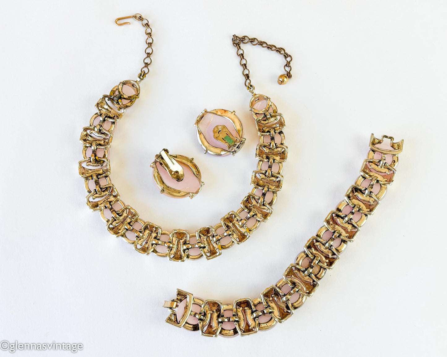 1960s Pink Lucite Parure Jewelry Set, Necklace Bracelet & Earrings