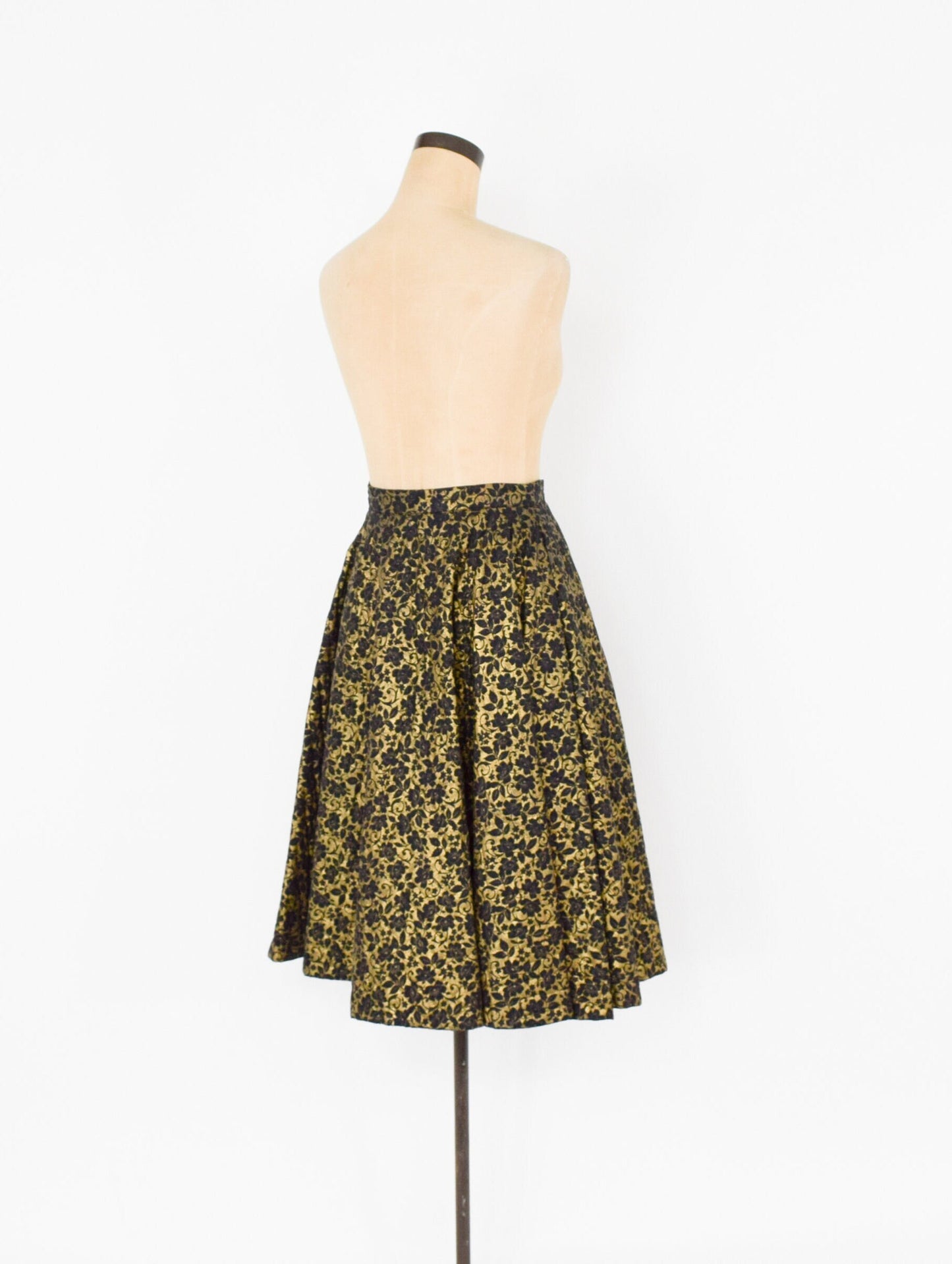 1950s Black Quilted Circle Skirt | 50s Black & Gold Quilted Swing Skirt | Mc Arthur Ltd. | X Small
