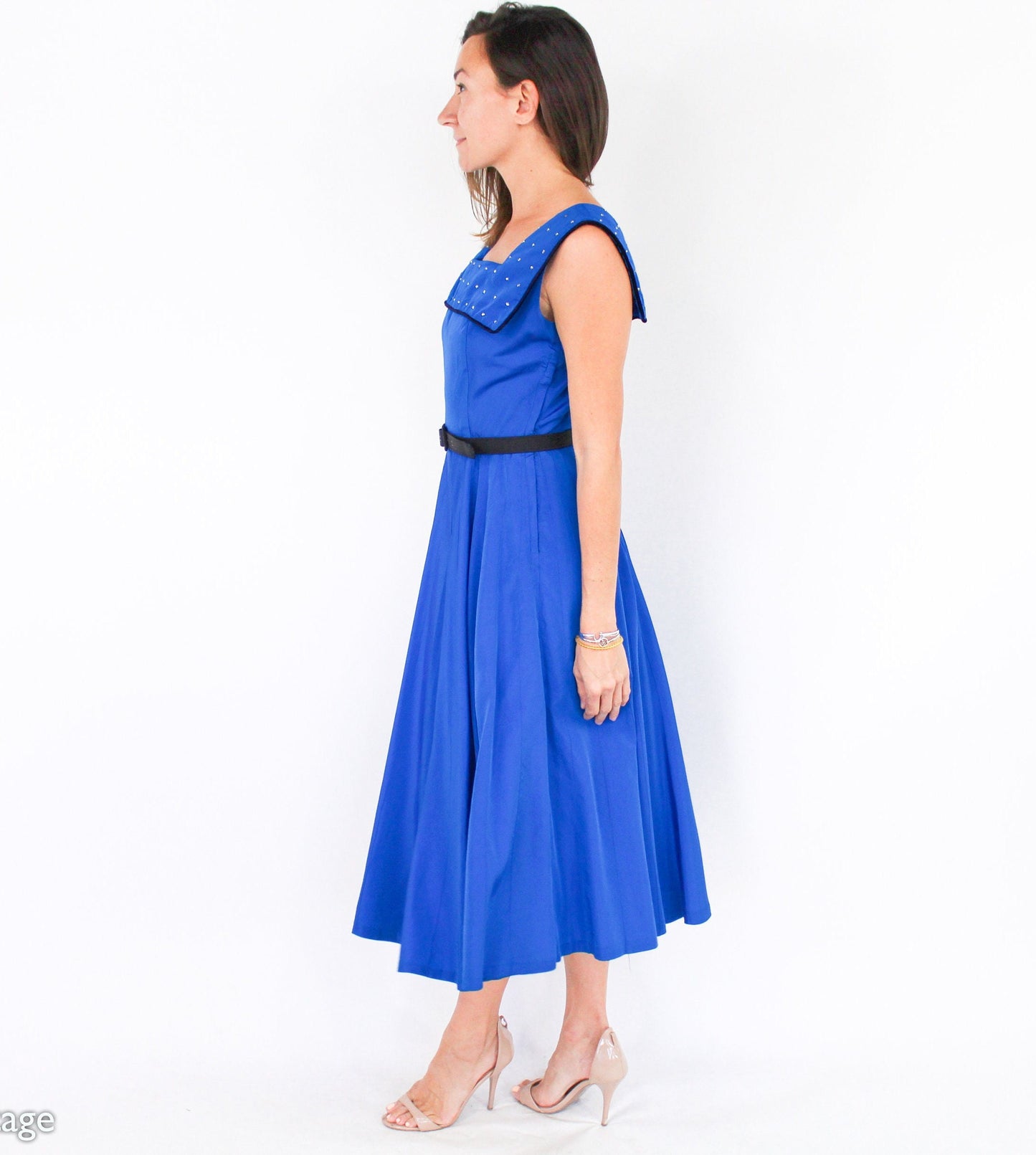 1940s Vintage Peacock Blue Taffeta Cocktail Dress with Rhinestone Collar, Small