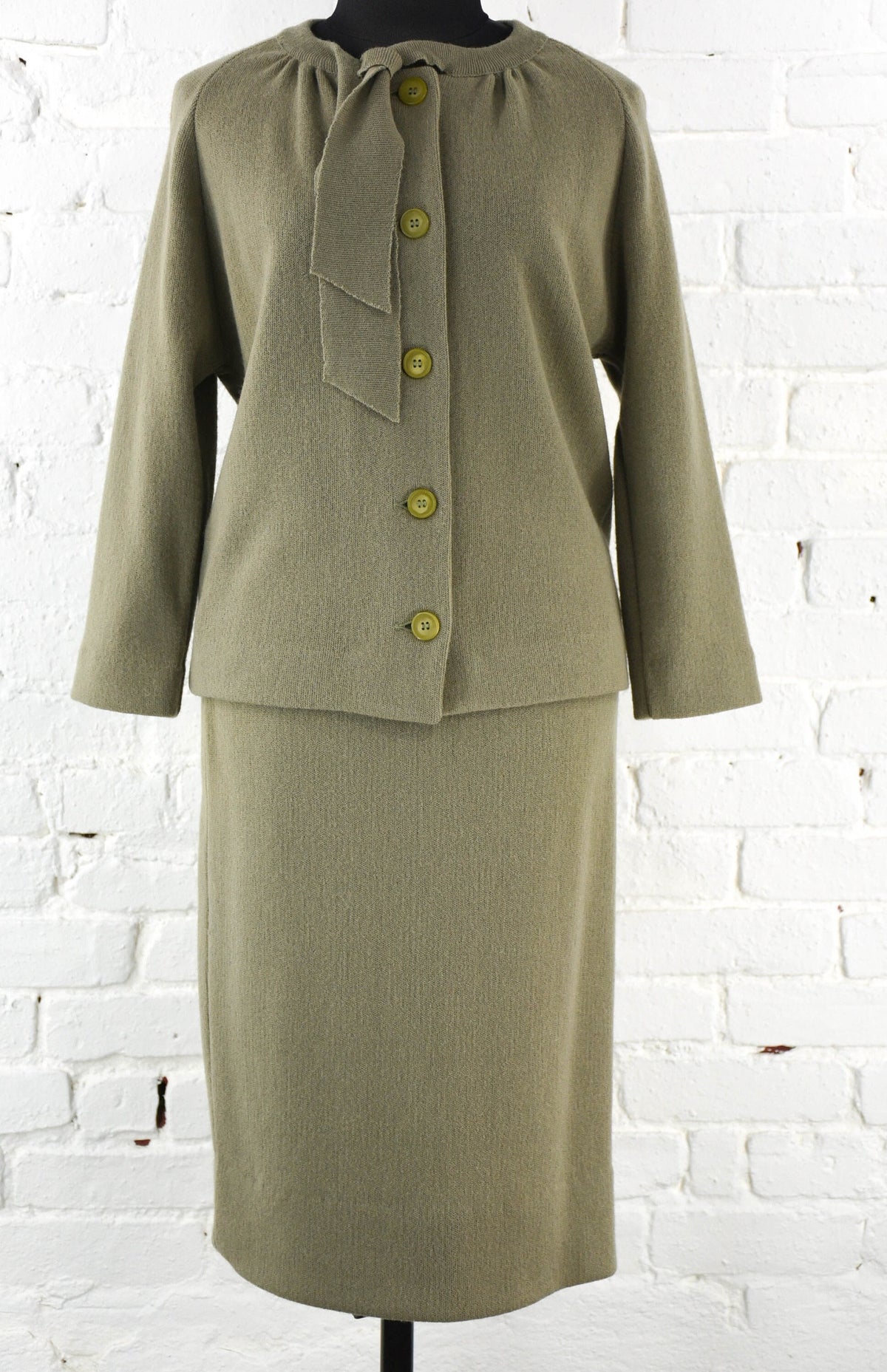 1960s Sage Green Wool Knit Skirt Suit: Mohair Blend, Medium