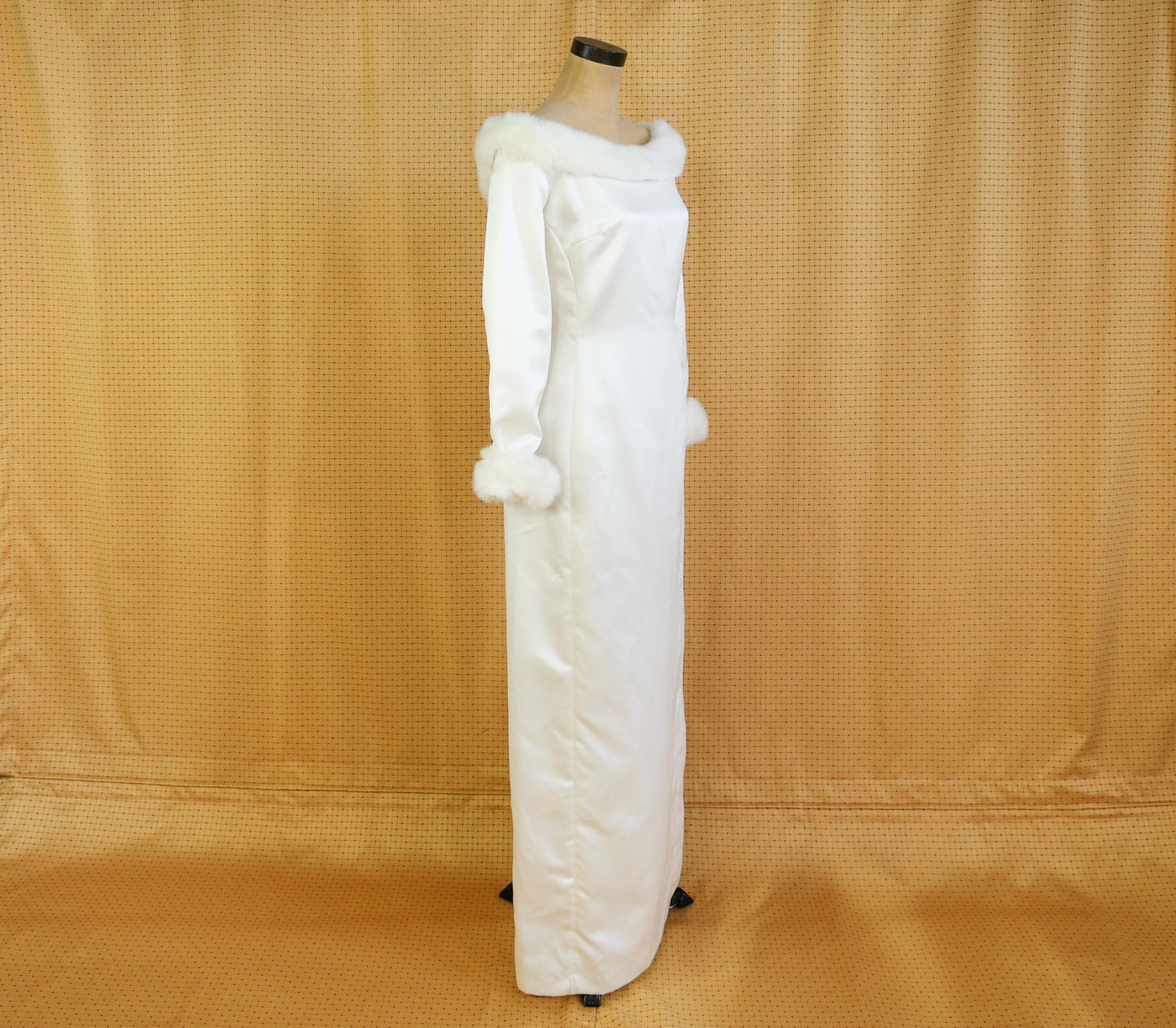 1980s Satin Wedding Dress with Faux Fur Trim, Large